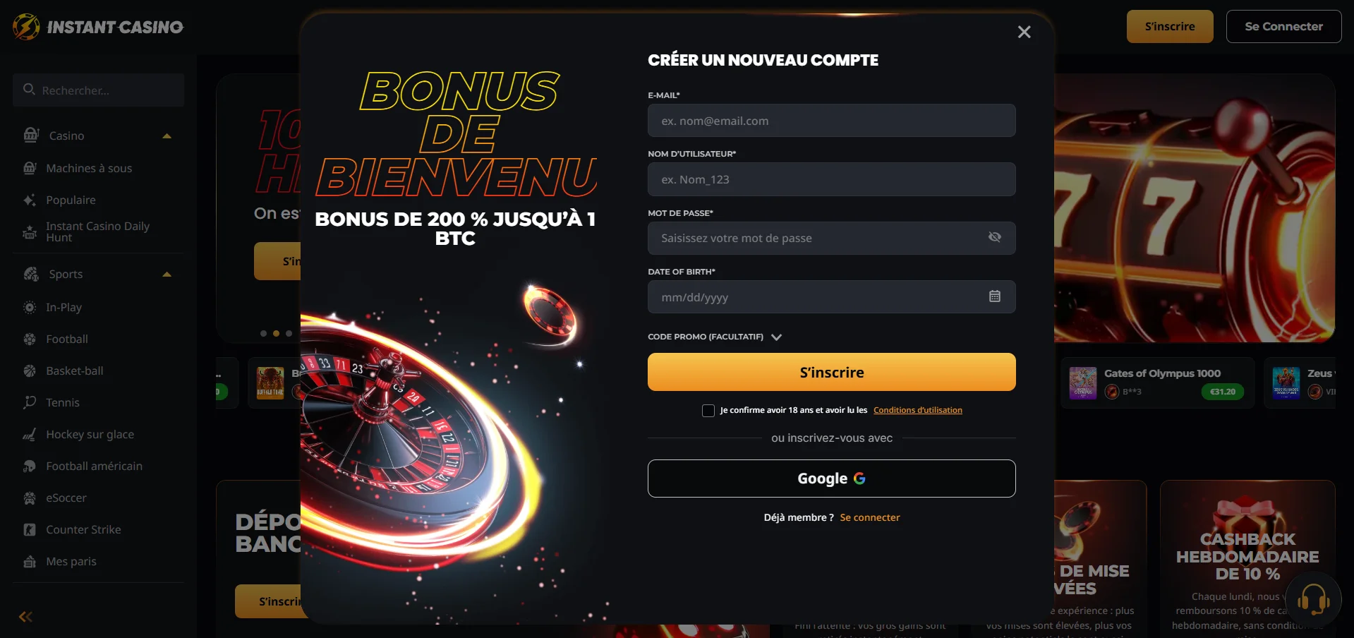 Comment s'inscrire sur l'appli Instant Casino Casino