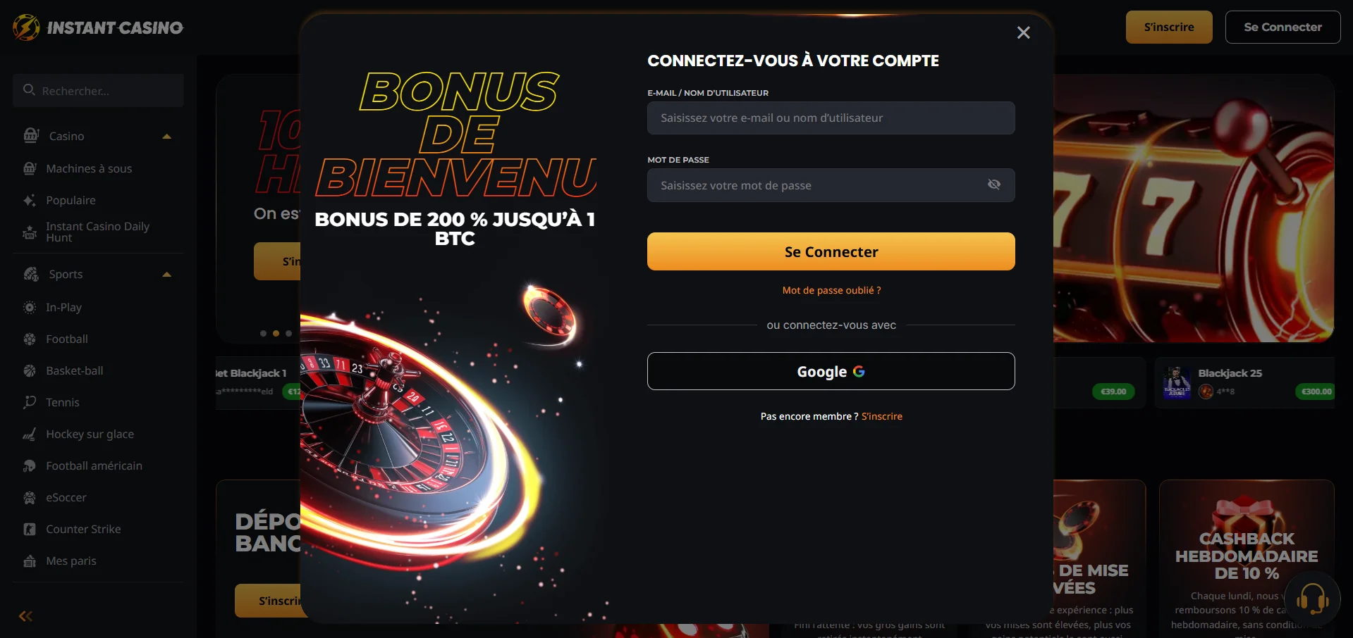Instant Casino Casino : connexion à mon compte